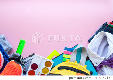 stationery flat lay on pink background stationery flat lay on pink background 41313713