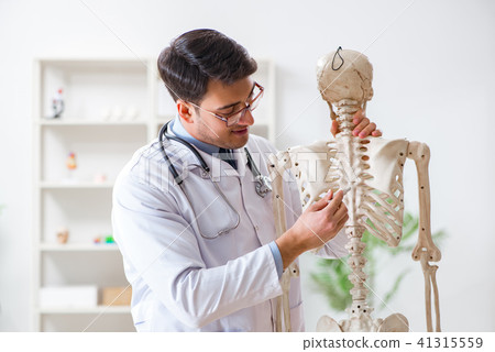 Yong male doctor with skeleton isolated on white Yong male doctor with skeleton isolated on white 41315559