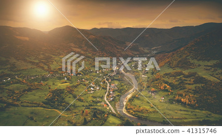 Aerial View: autumn canyon village along the river Aerial View: autumn canyon village along the river 41315746
