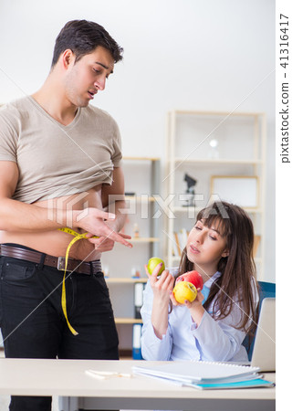 Doctor dietician giving advices to fat overweight patient Doctor dietician giving advices to fat overweight patient 41316417