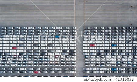 Aerial top view new cars lined up in the port. 41316852