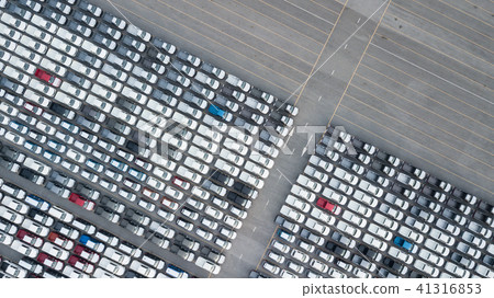 Aerial top view new cars lined up in the port. 41316853