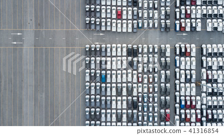 Aerial top view new cars lined up in the port. 41316854