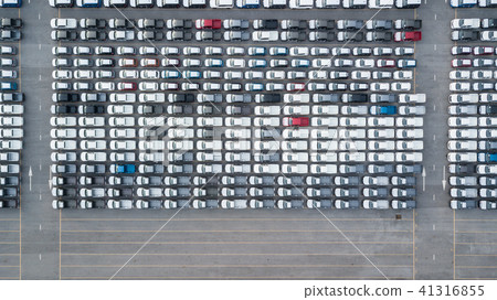 Aerial top view new cars lined up in the port. 41316855