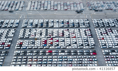 Aerial top view new cars lined up in the port. 41316857