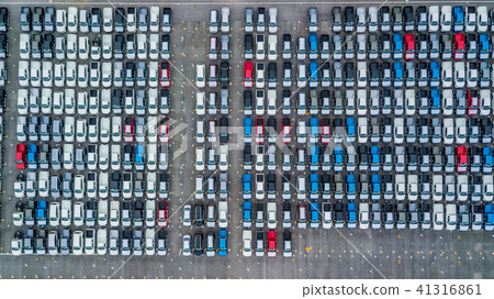 Aerial top view new cars lined up in the port. Aerial top view new cars lined up in the port. 41316861