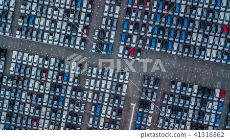 Aerial top view new cars lined up in the port. Aerial top view new cars lined up in the port. 41316862