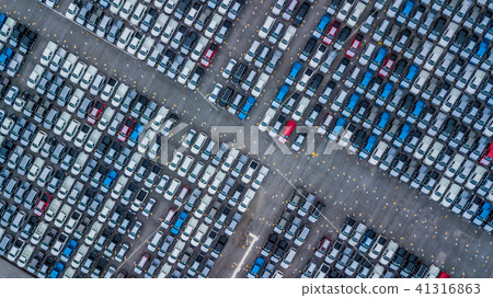 Aerial top view new cars lined up in the port. 41316863
