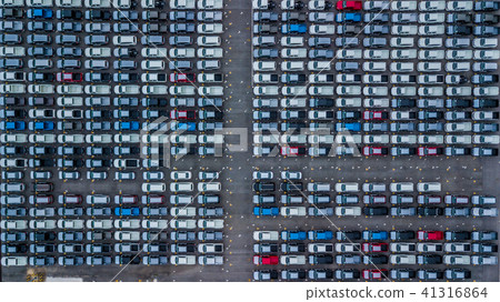 Aerial top view new cars lined up in the port. Aerial top view new cars lined up in the port. 41316864