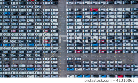 Aerial top view new cars lined up in the port. Aerial top view new cars lined up in the port. 41316865