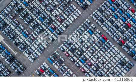 Aerial top view new cars lined up in the port. 41316866