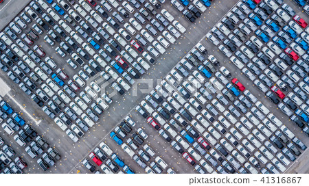 Aerial top view new cars lined up in the port. 41316867