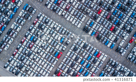 Aerial top view new cars lined up in the port. 41316871