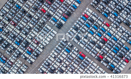 Aerial top view new cars lined up in the port. 41316873