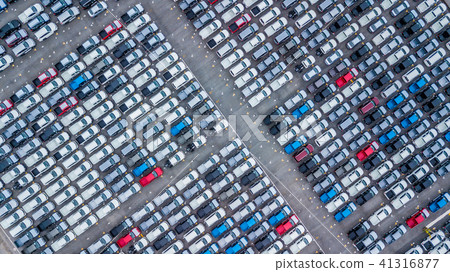 Aerial top view new cars lined up in the port. 41316877