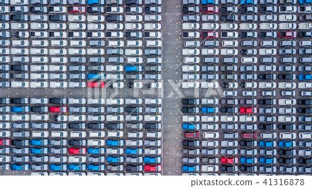 Aerial top view new cars lined up in the port. Aerial top view new cars lined up in the port. 41316878