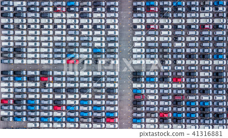 Aerial top view new cars lined up in the port. Aerial top view new cars lined up in the port. 41316881