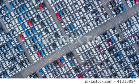 Aerial top view new cars lined up in the port. 41316884