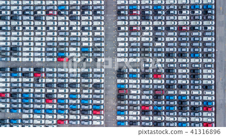 Aerial top view new cars lined up in the port. Aerial top view new cars lined up in the port. 41316896