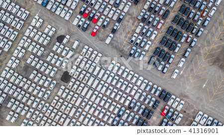 Aerial top view new cars lined up in the port. 41316901