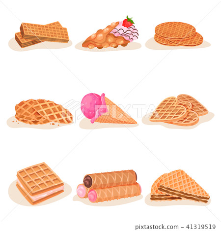 Flat vector set of delicious waffle desserts. Tasty ice-cream, sweet snacks for breakfast. Street Flat vector set of delicious waffle desserts. Tasty ice-cream, sweet snacks for breakfast. Street 41319519