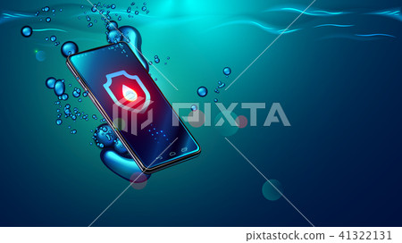 Black smartphone fall in water. Mobile smart phone sinks underwater surface. Electronic waterproof 41322131