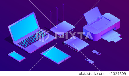 Vector 3d isometric ultraviolet laptop, printer Vector 3d isometric ultraviolet laptop, printer 41324809