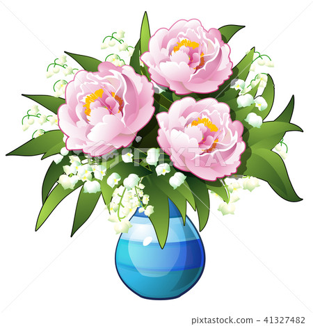Bouquet of flowers lilies of the valley and peonies in a blue vase isolated on white background Bouquet of flowers lilies of the valley and peonies in a blue vase isolated on white background 41327482