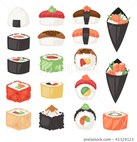 Japanese food vector sushi sashimi roll or nigiri and appetizer with seafood rice in Japan Japanese food vector sushi sashimi roll or nigiri and appetizer with seafood rice in Japan 41329123