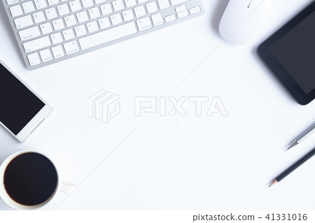 Top view of an desk office table. White office des Top view of an desk office table. White office des 41331016