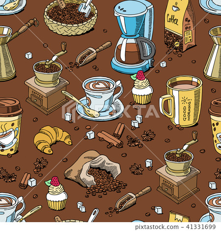 Coffee pattern seamless coffeebeans and coffeecup vector drink hot espresso or cappuccino in Coffee pattern seamless coffeebeans and coffeecup vector drink hot espresso or cappuccino in 41331699