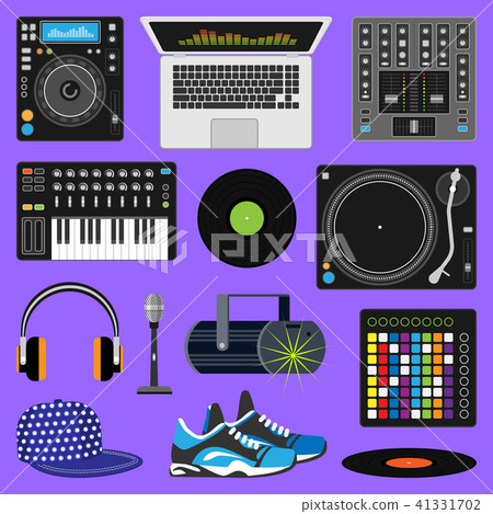 DJ music vector discjockey playing disco on turntable sound record set with headphones and players DJ music vector discjockey playing disco on turntable sound record set with headphones and players 41331702