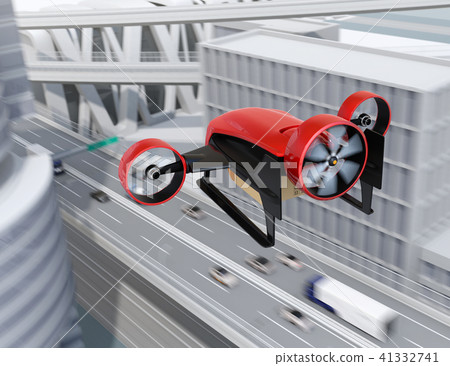 VTOL型交付無人機飛越高速公路的圖像。超快速交貨的概念 VTOL型交付無人機飛越高速公路的圖像。超快速交貨的概念 41332741