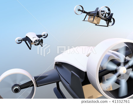 Backward image of white VTOL style delivery drones. Concept of super fast delivery. 41332761