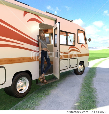 Young woman relaxing with camper car perming3DCG Illustration material 41333072