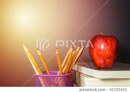 Red apple on book with Pencil and Blackboard Red apple on book with Pencil and Blackboard 41335432