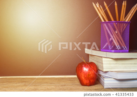 Red apple on book with Pencil and Blackboard Red apple on book with Pencil and Blackboard 41335433