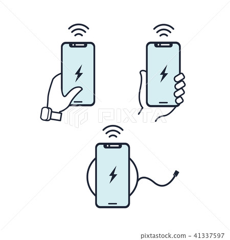 Wireless charger illustration. Hands holding smartphone. Flat line icon. Blue icon set. Wireless charger illustration. Hands holding smartphone. Flat line icon. Blue icon set. 41337597