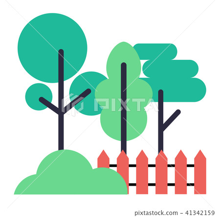 Icons of Trees, Bush and Wooden Fence on White 41342159