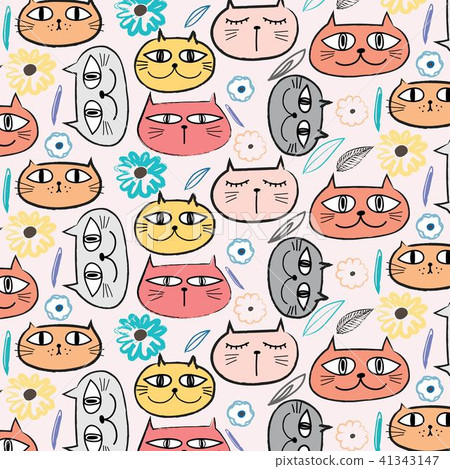Cute Cat And Floral Pattern Background. Cute Cat And Floral Pattern Background. 41343147