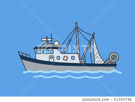 Commercial fishing trawler. Flat vector illustration. Isolated on blue background. 41343746