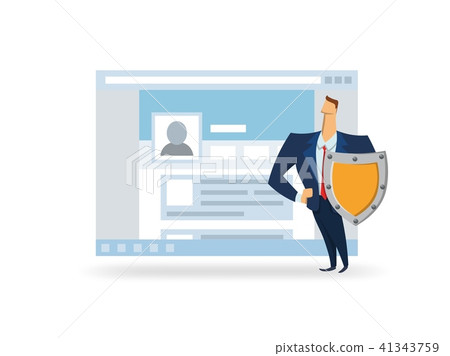 GDPR, AVG, DSGVO, DPO. Man with the shield in front of open browser window. GDPR officer protecting GDPR, AVG, DSGVO, DPO. Man with the shield in front of open browser window. GDPR officer protecting 41343759
