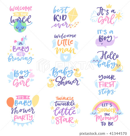 Baby shower sign vector boy or girl newborn kids birth party lettering text with calligraphy letters Baby shower sign vector boy or girl newborn kids birth party lettering text with calligraphy letters 41344570