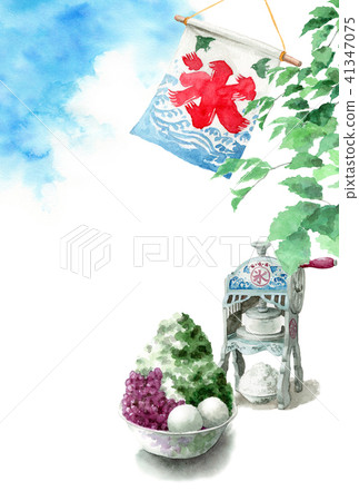 鯊魚冰和樹枝和藍天熱的夏天明信片 鯊魚冰和樹枝和藍天熱的夏天明信片 41347075