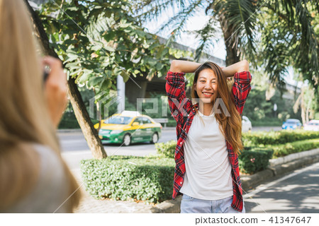 Traveler asian friend women carry backpack. Traveler asian friend women carry backpack. 41347647