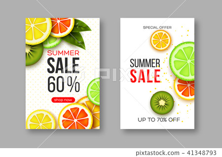 Summer sale banners with sliced citrus and kiwi pieces, leaves and dotted pattern. White background Summer sale banners with sliced citrus and kiwi pieces, leaves and dotted pattern. White background 41348793