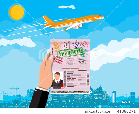 ID card in hand. Plane and cityscape 41360271