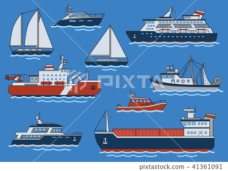 Set of different type ships and boats. Freighter, icebreaker, cruiser, yacht, trawler, speedboat 41361091