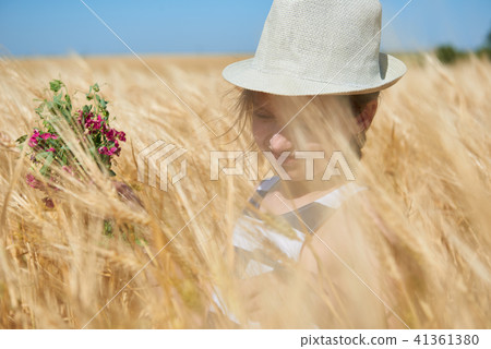 child girl walking in the yellow wheat field 41361380