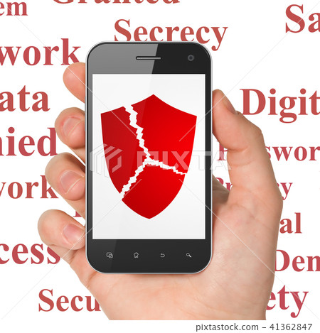 Privacy concept: Hand Holding Smartphone with Broken Shield on display 41362847